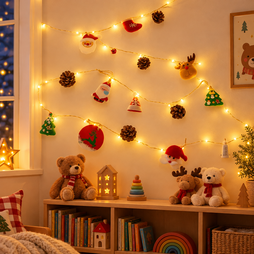 Pinewick Santa hat Christmas string lights in a playroom