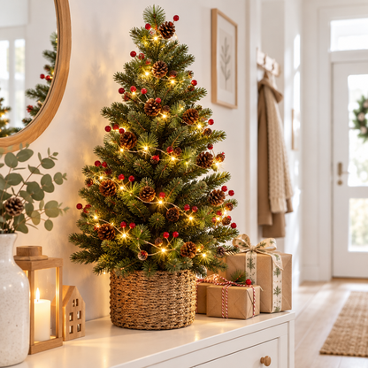 Pinewick deluxe pine cone bell Christmas string lights on a tabletop tree