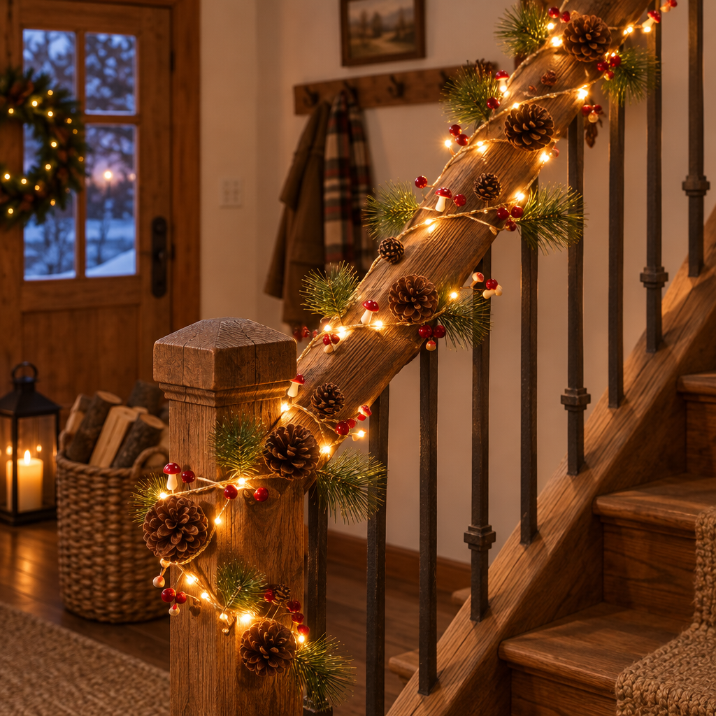 Pinewick pine cone mushroom Christmas string lights on a staircase banister