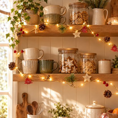 Pinewick pine cone star tree Christmas string lights on kitchen shelves