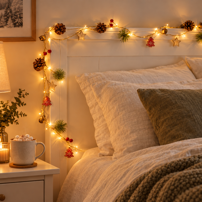 Pinewick pine cone star tree Christmas string lights over a headboard