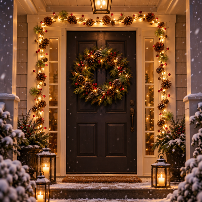 Pinewick deluxe pine cone bell Christmas string lights around a front door