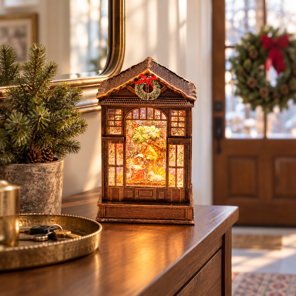 Frostel Christmas house lantern Santa scene on an entryway console