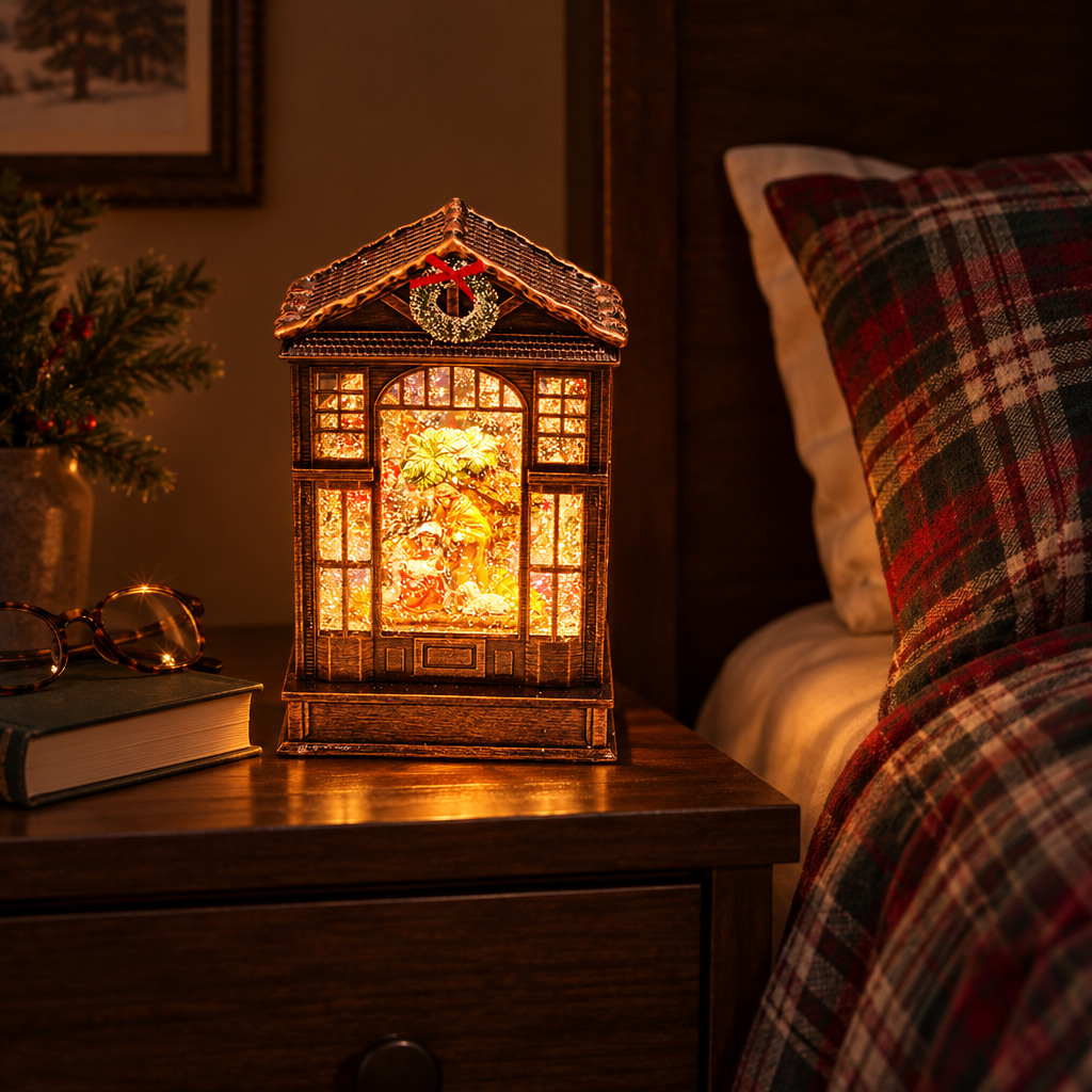 Frostel Christmas house lantern Santa scene on a bedroom nightstand