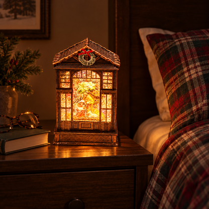 Frostel Christmas house lantern Santa scene on a bedroom nightstand