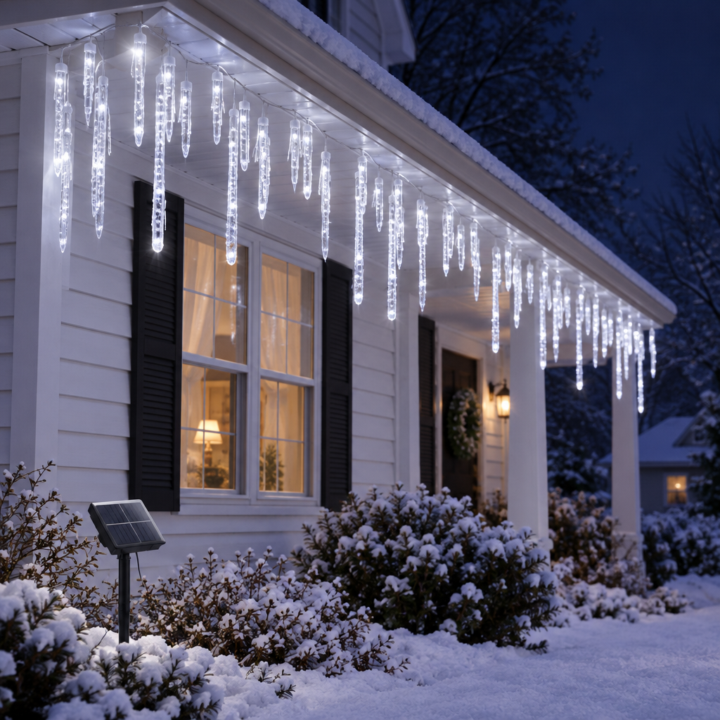 Glacia solar icicle string lights on house eaves at night