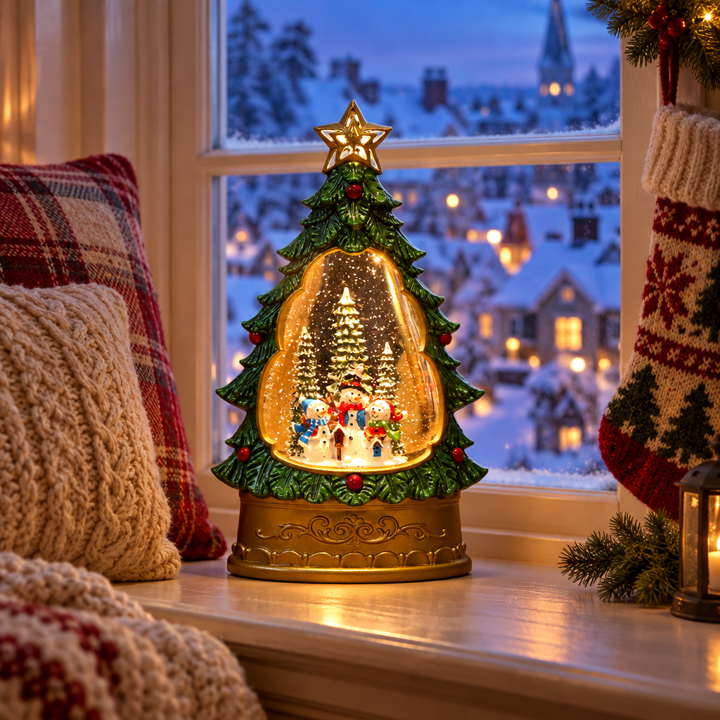 Melodie Christmas tree snow globe lamp three snowmen on a bay windowsill