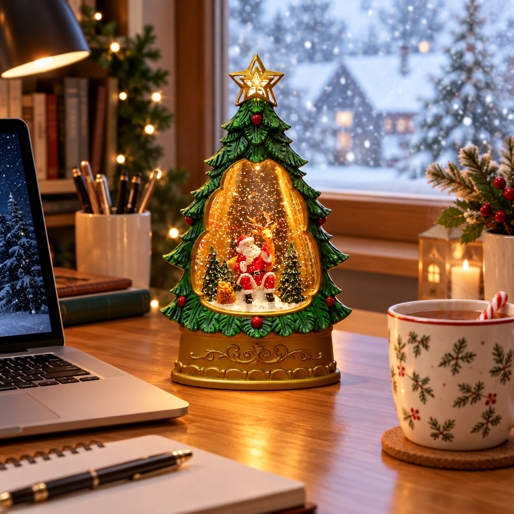 Melodie Christmas tree snow globe lamp Santa and reindeer on a home office desk