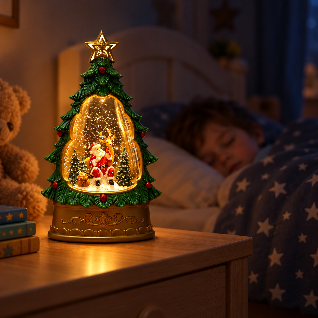 Melodie Christmas tree snow globe lamp Santa and reindeer as a child&