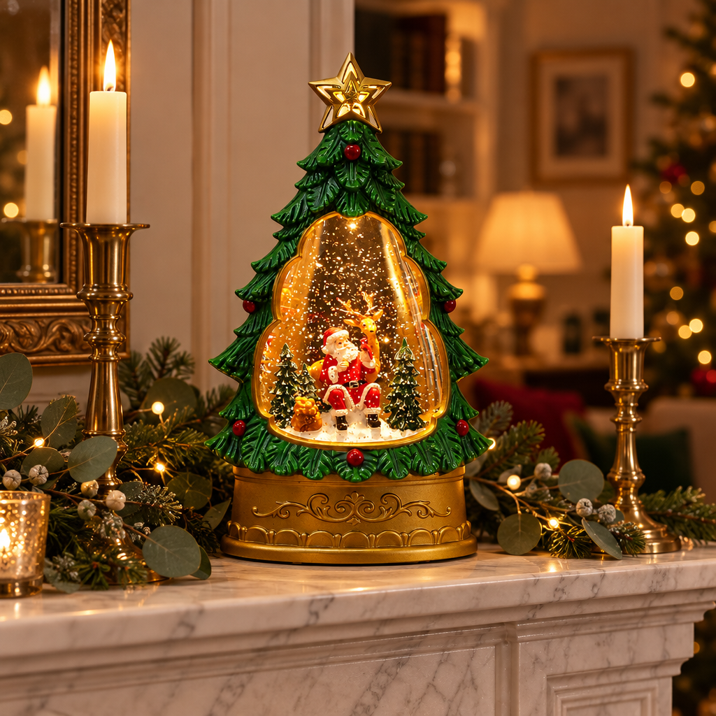 Melodie Christmas tree snow globe lamp Santa and reindeer on a marble mantel