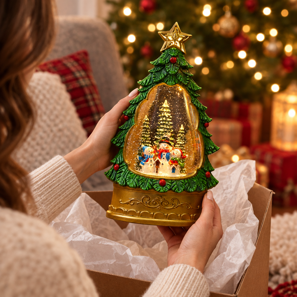 Melodie Christmas tree snow globe lamp three snowmen unwrapped as a gift