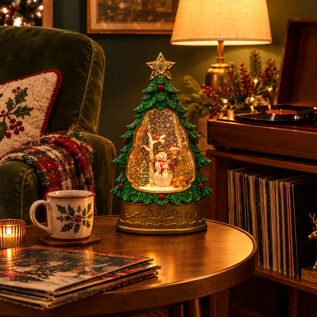 Melodie Christmas tree snow globe lamp snowman with broom in a listening corner