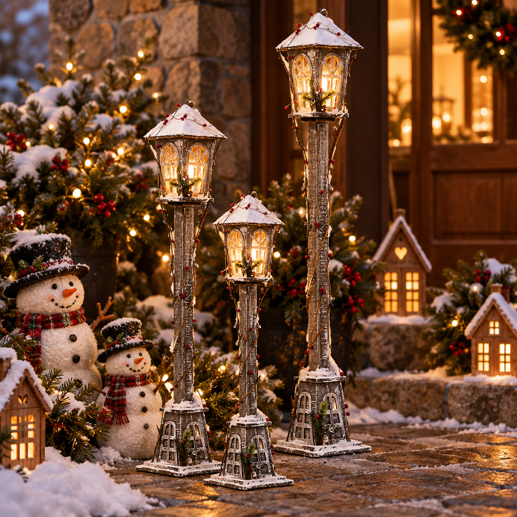 Hearthway wooden Christmas street lamps in three sizes on a patio
