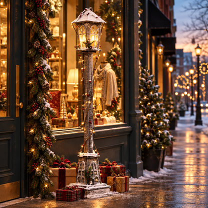 Hearthway wooden Christmas street lamp at a holiday shop entrance
