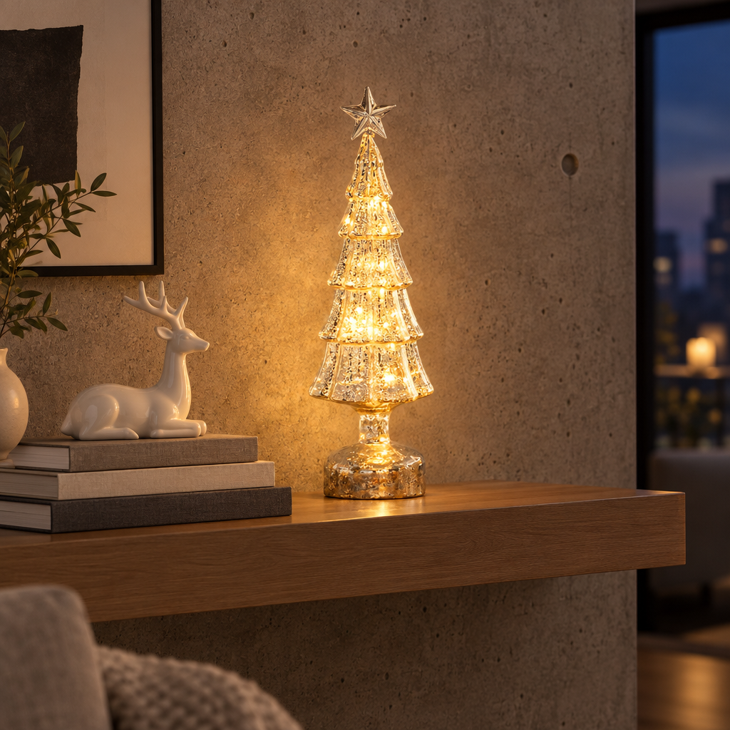 Sylvie silver glass Christmas tree lamp on a floating shelf