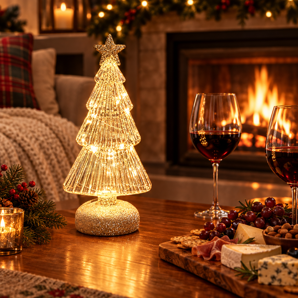 Sylvie clear glass Christmas tree lamp by the fireplace