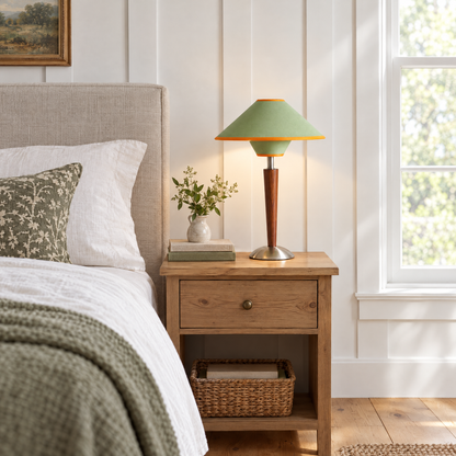 Talonwood table lamp in green on a bedside table in a modern farmhouse bedroom
