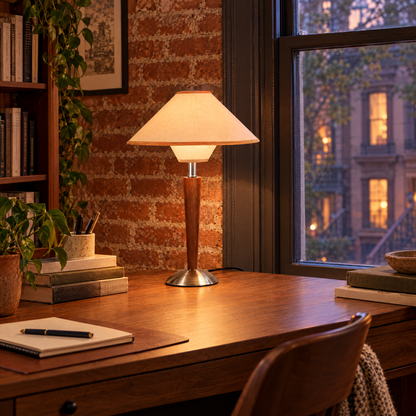 Talonwood table lamp in tan on a desk in a brownstone home office