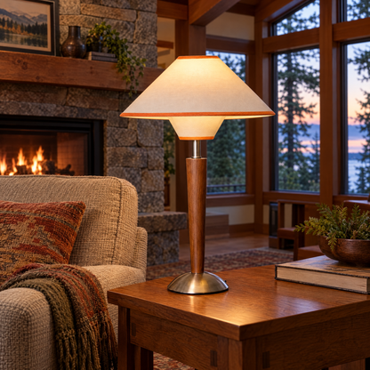 Talonwood table lamp in beige beside an armchair in a Craftsman living room with fireplace