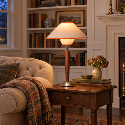Talonwood table lamp in beige in a New England colonial den with bookshelves