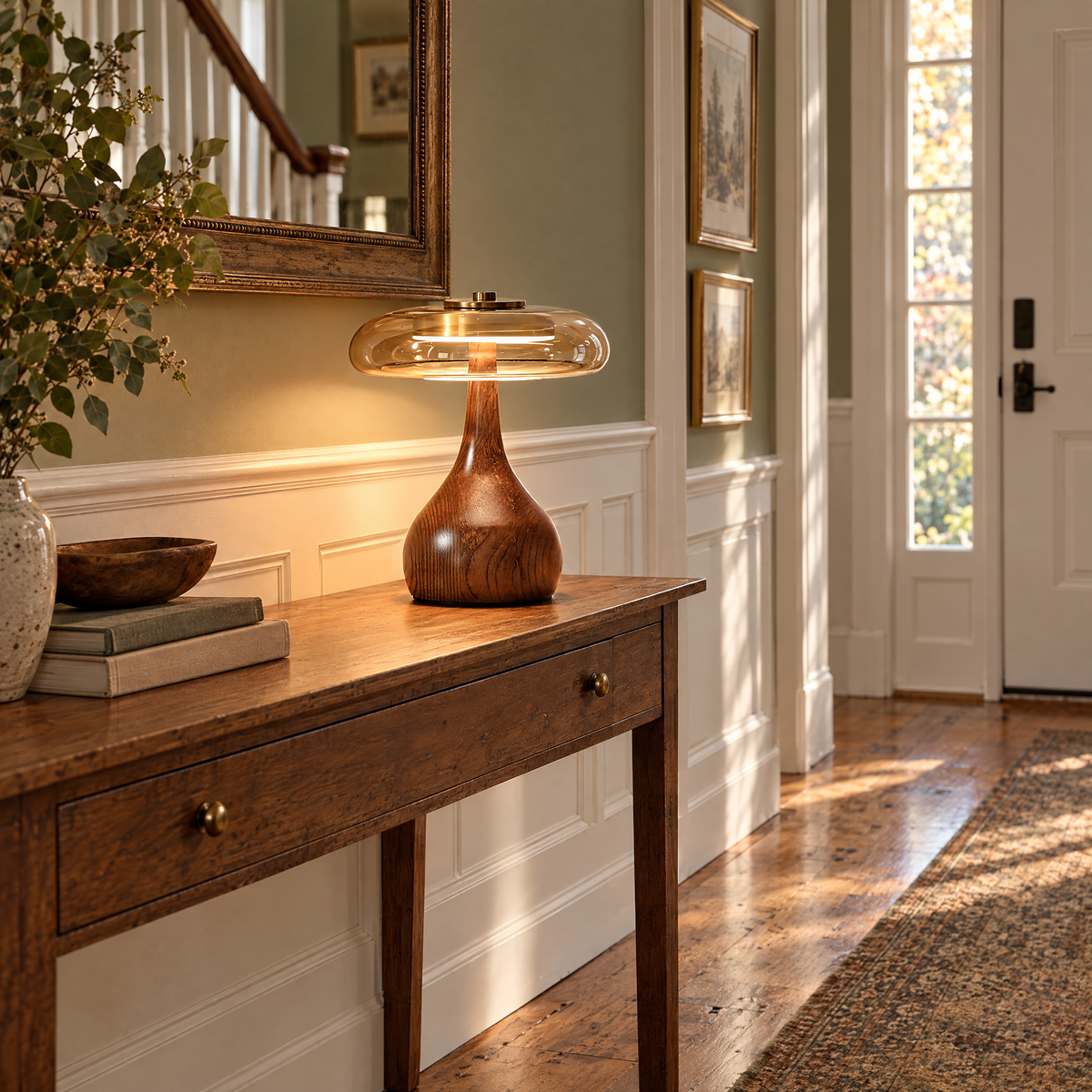 Ambra table lamp in amber glass and walnut on a console in a New England colonial entryway