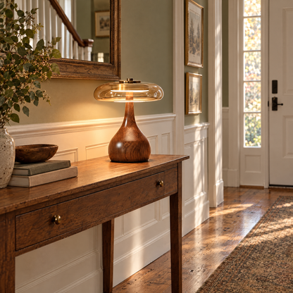 Ambra table lamp in amber glass and walnut on a console in a New England colonial entryway