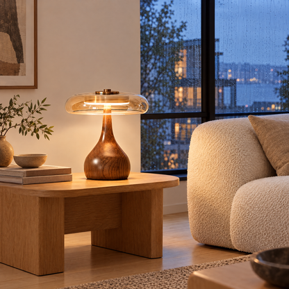 Ambra table lamp in amber glass and walnut on a side table in a Seattle townhouse living room