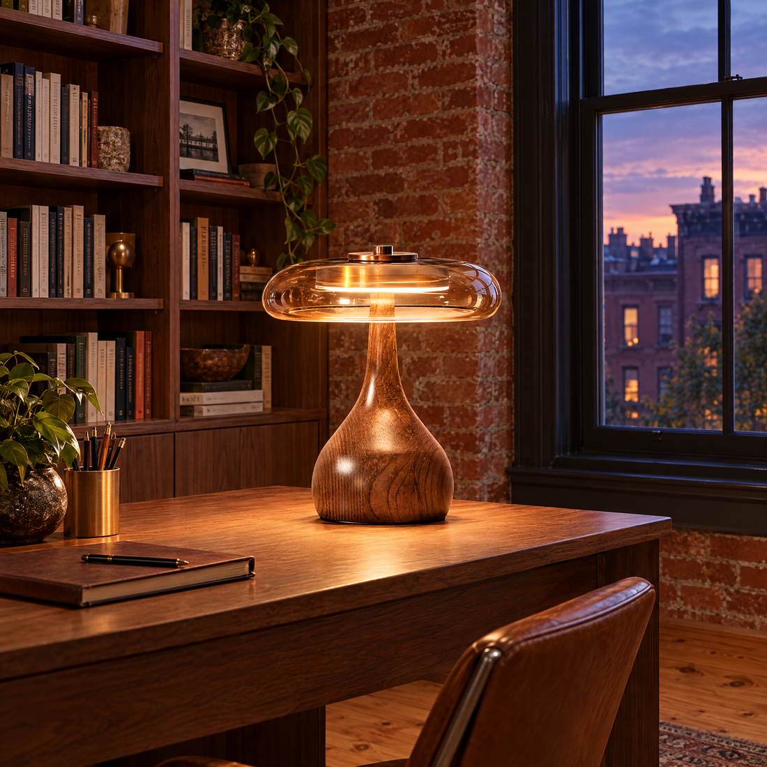Ambra table lamp in amber glass and walnut on a desk in a Brooklyn brownstone home office