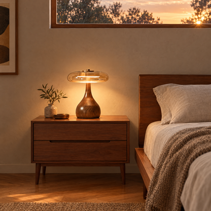 Ambra table lamp in amber glass and walnut on a nightstand in a mid-century ranch bedroom