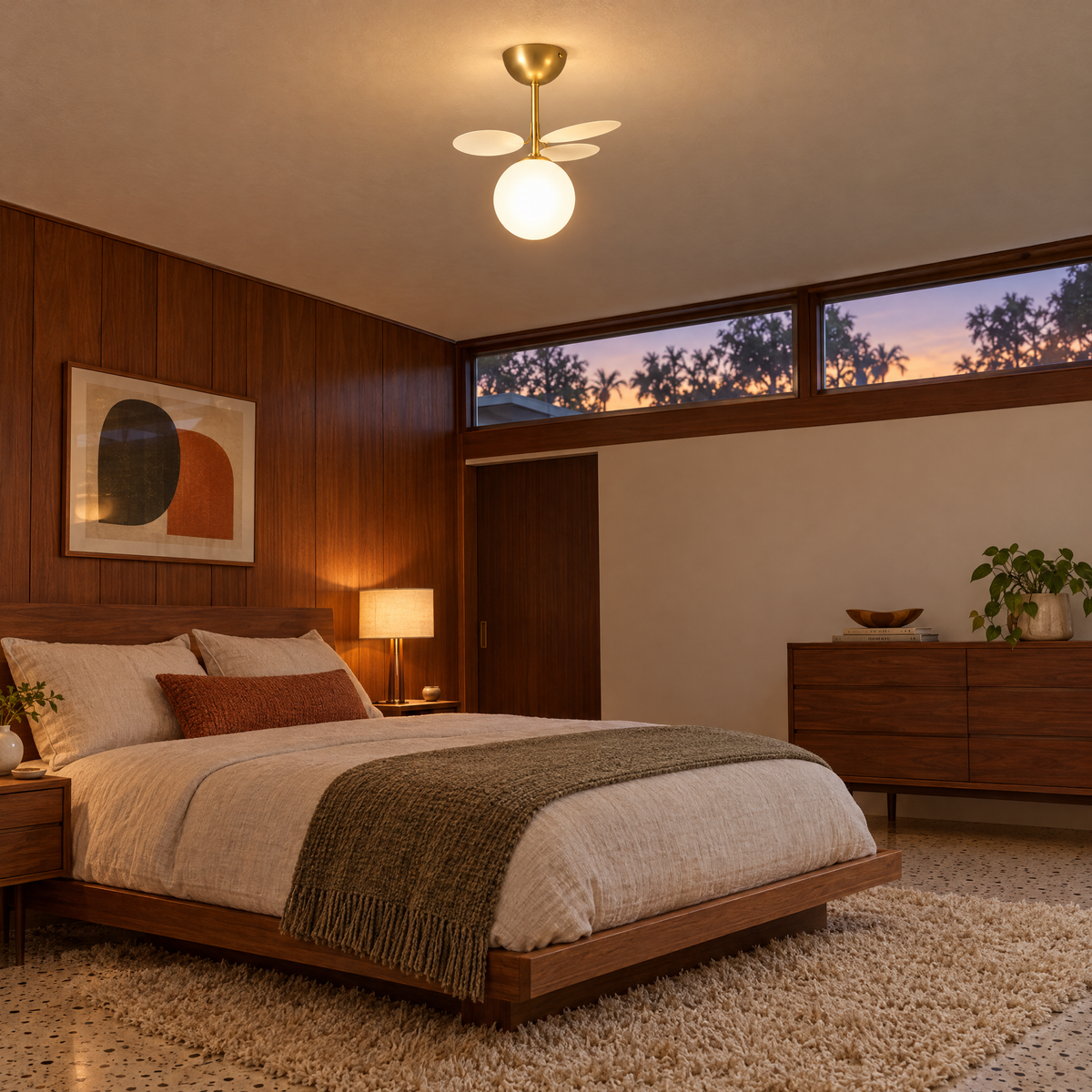 Macaron ceiling light in white, ⌀9.3" x H11.8", in a mid-century ranch bedroom