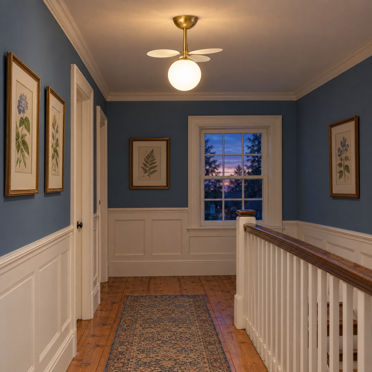 Macaron ceiling light in white, ⌀9.3" x H11.8", in a New England colonial hallway