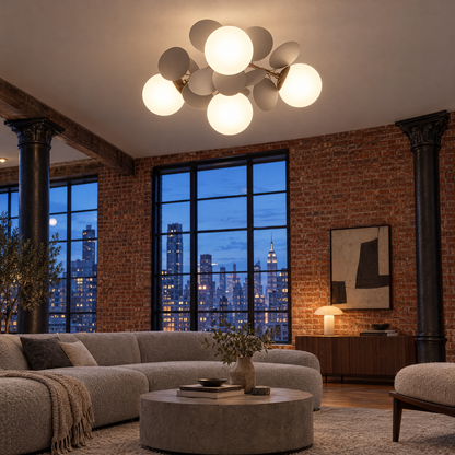 Macaron ceiling light in grey, ⌀20.5" x H11", in a Manhattan loft living room
