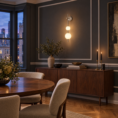 Kaskade globe wall sconce in nickel with 3 globes in a Chicago greystone dining room