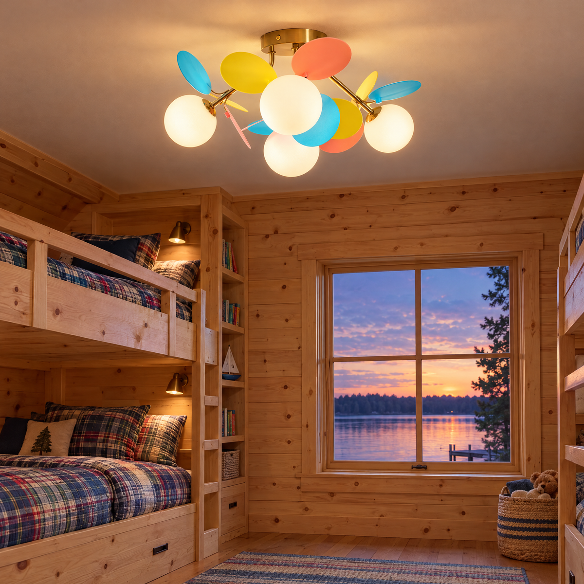 Macaron ceiling light in multicolor, ⌀20.5" x H11", in a Minnesota lake house kids bunk room
