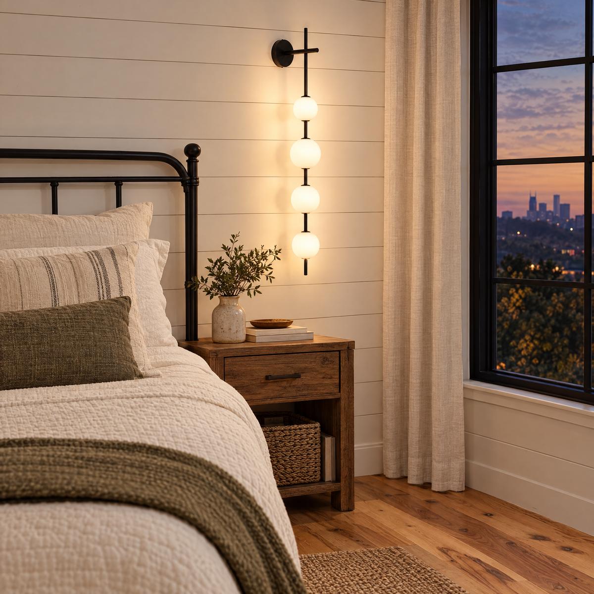 Kaskade globe wall sconce in black with 4 globes beside the bed in a Nashville modern farmhouse bedroom