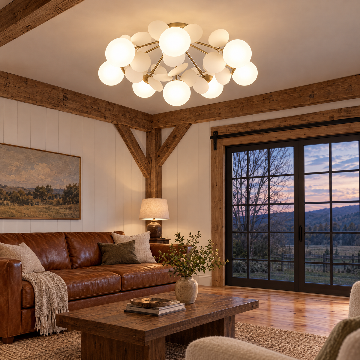 Macaron ceiling light in white, ⌀29.5" x H11", in an Upstate New York barn conversion living room