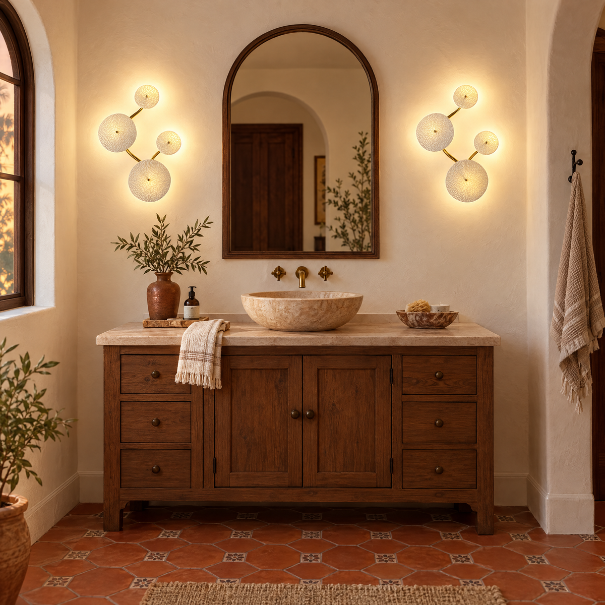 Florin ceramic petal wall sconce in white ceramic and gold, 4-petal vertical, in a California Spanish Revival bathroom