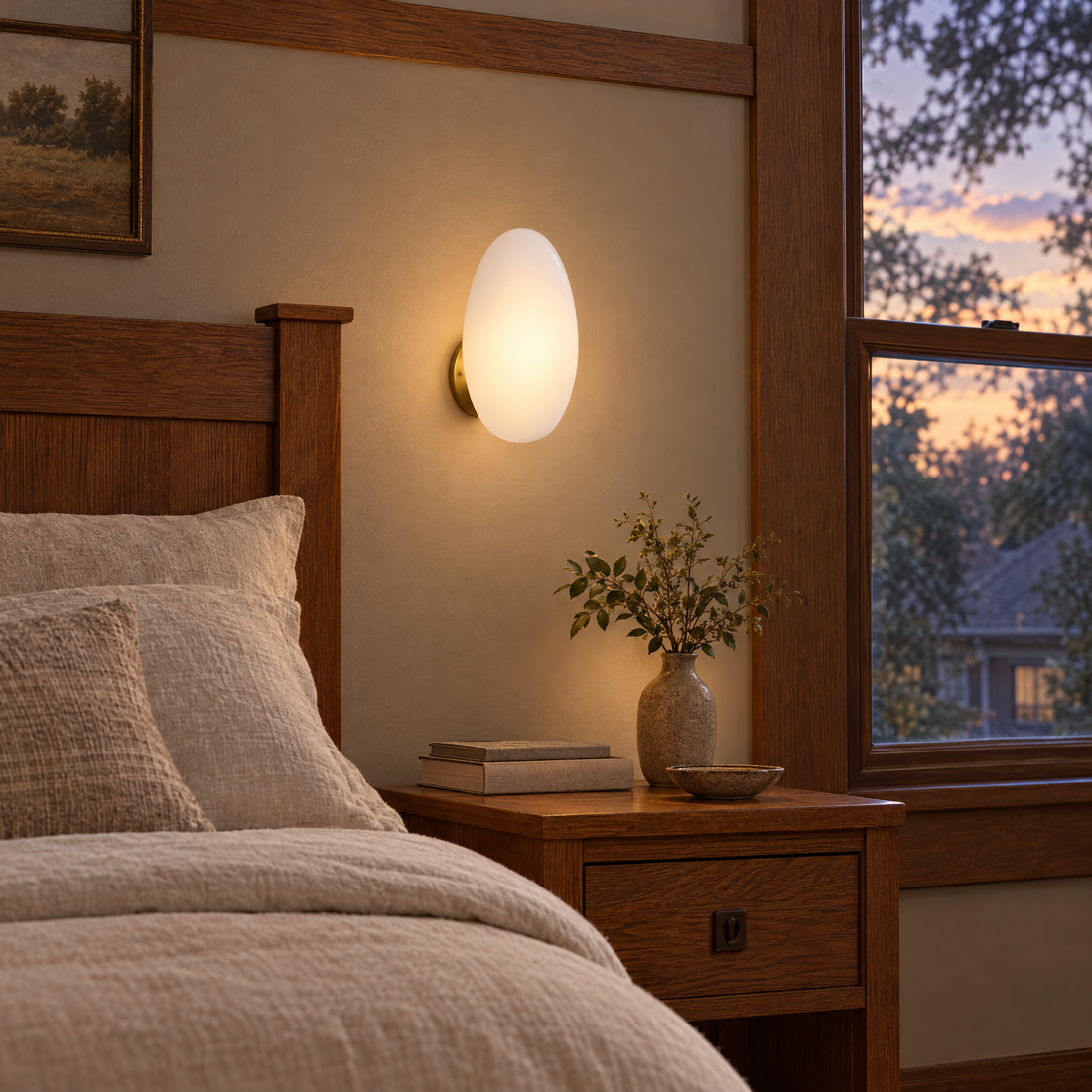 Opaline wall sconce in White &amp; Gold, shape ∅8.6" x H13.7" in a Craftsman bungalow bedroom
