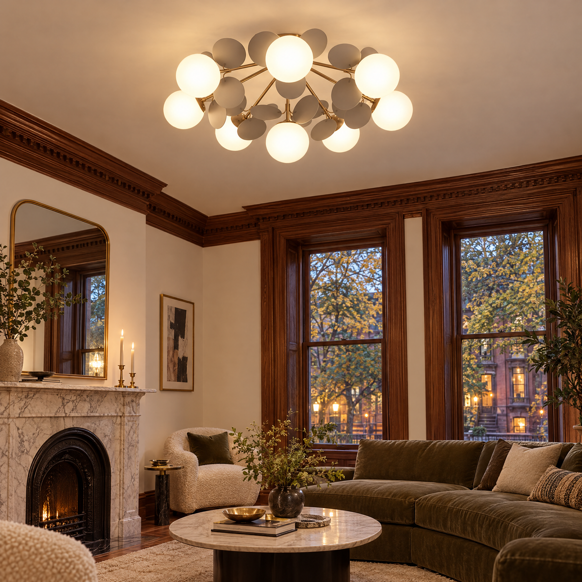 Macaron ceiling light in grey, ⌀29.5" x H11", in a Brooklyn brownstone living room