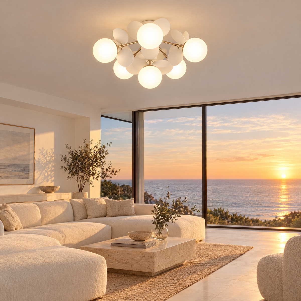 Macaron ceiling light in white, ⌀20.5" x H12.6", in a Malibu contemporary living room