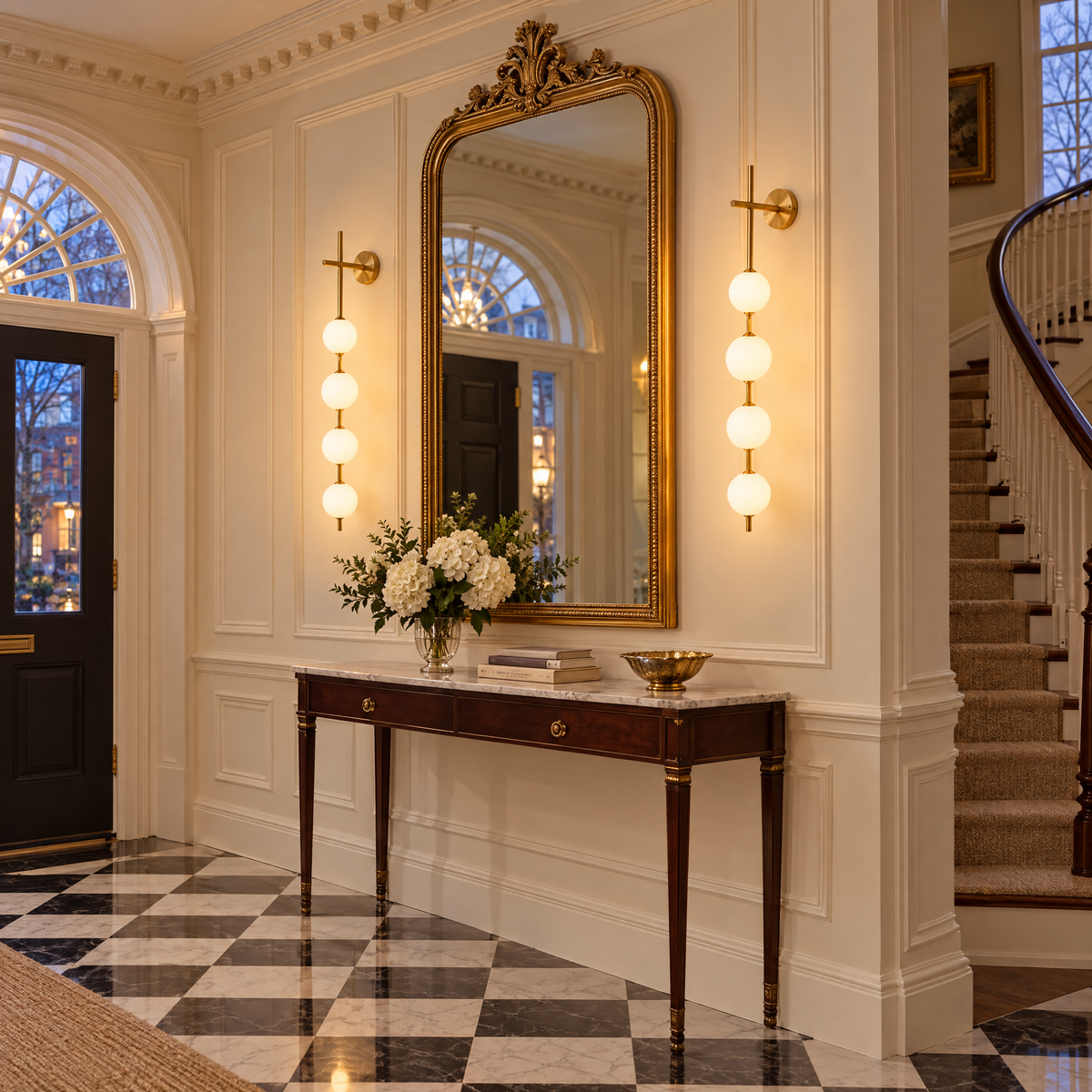 Kaskade globe wall sconce in brass with 4 globes in a Boston Georgian townhouse entryway