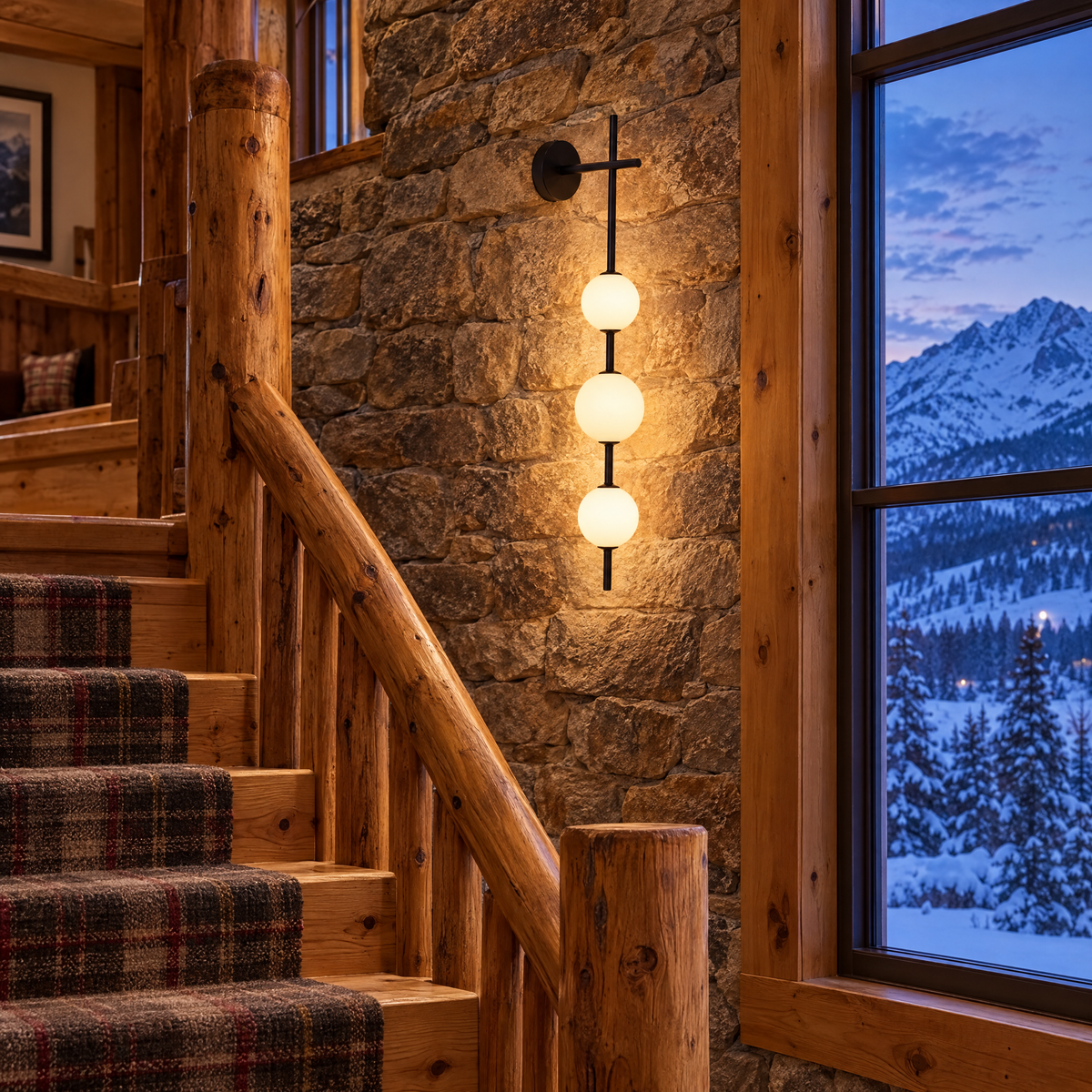 Kaskade globe wall sconce in black with 4 globes in a Colorado mountain lodge stairwell