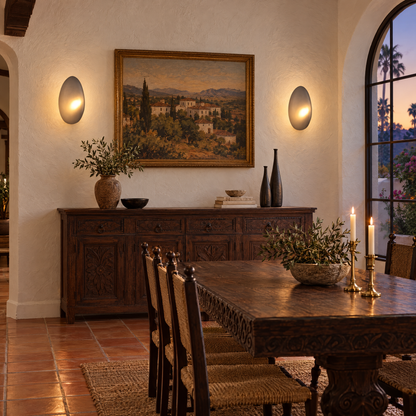 Opaline wall sconce in Smoky Gray &amp; Gold, shape ∅8.6" x H13.7" in a California Spanish Revival dining room