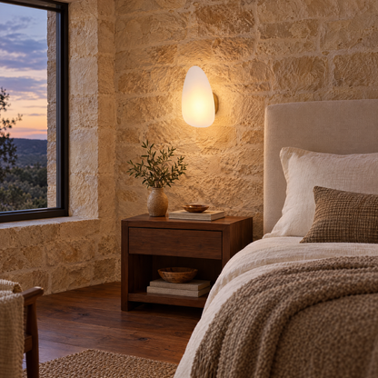 Opaline wall sconce in White &amp; Gold, shape ∅7.1" x H11.8" in a Texas Hill Country stone house bedroom