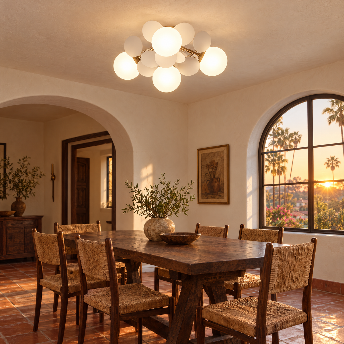Macaron ceiling light in white, ⌀20.5" x H11", in a California Spanish Revival dining room