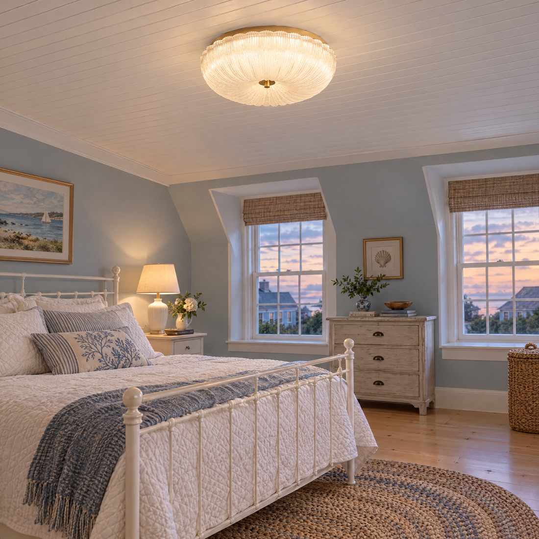 Givre ceiling light in frosted glass with gold trim in a Cape Cod cottage bedroom