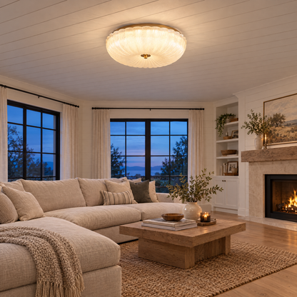 Givre ceiling light in frosted glass with gold trim in a modern farmhouse living room