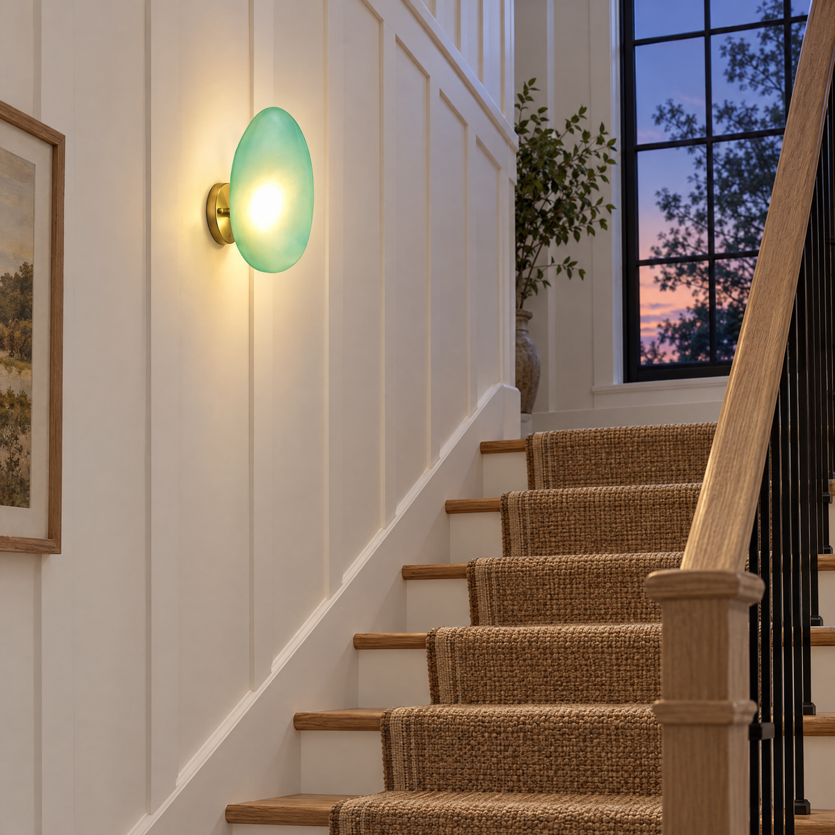 Opaline wall sconce in Green &amp; Gold, shape ∅8.6" x H13.7" in a modern farmhouse stairwell