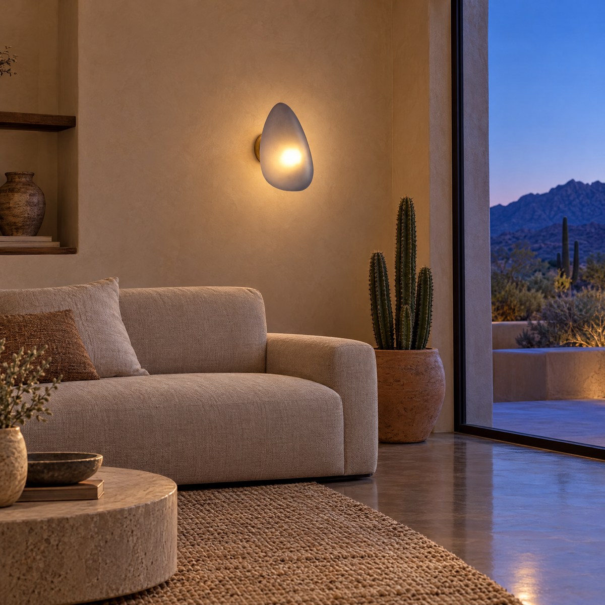 Opaline wall sconce in Smoky Gray &amp; Gold, shape ∅7.1" x H11.8" in an Arizona desert modern adobe living room