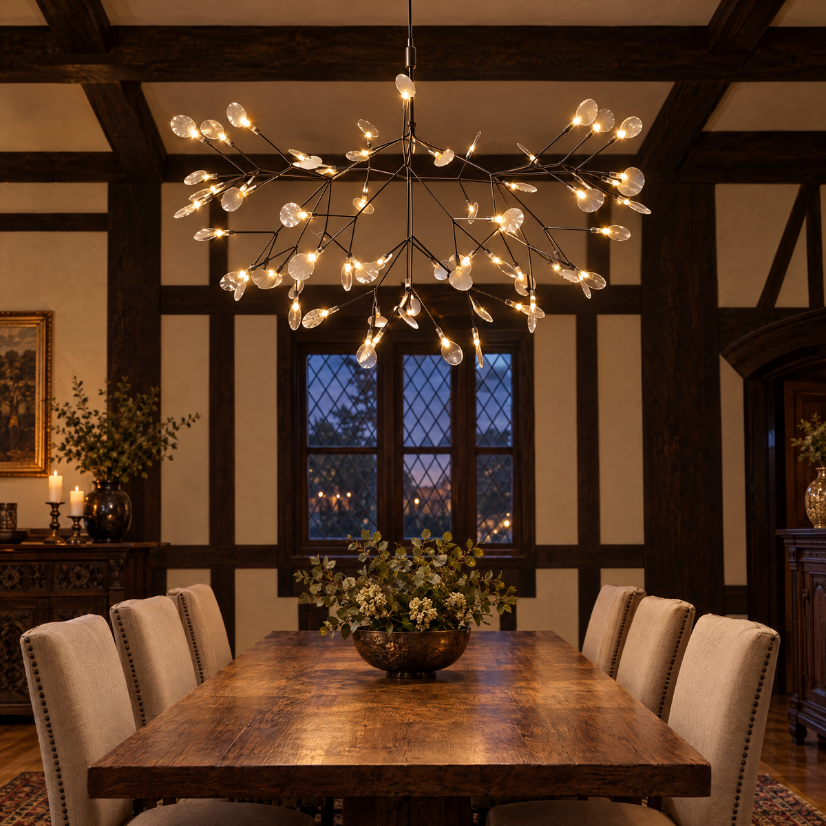 Luciole firefly LED branch chandelier in black, ∅38.6" x H19.3" round, in a Tudor Revival dining room